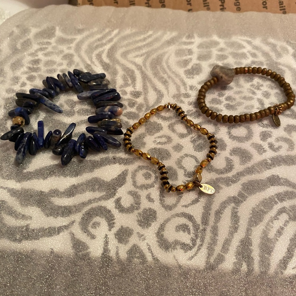 Elegant Blue and Brown Beaded Bracelet Set signed by BPD